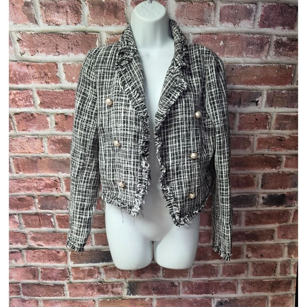 Women's WORTHINGTON Tweed Fringe Trim Pearl Button Cropped Jacket Small